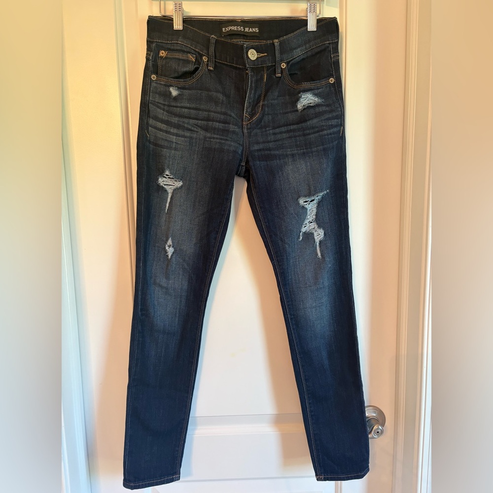 Express Women's Dark Blue Distressed Skinny Jeans